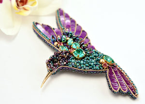 bead embroidered purple teal hummingbird brooch