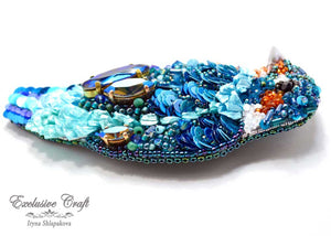 handcrafted beaded bird brooch with Swarovski, wire purl