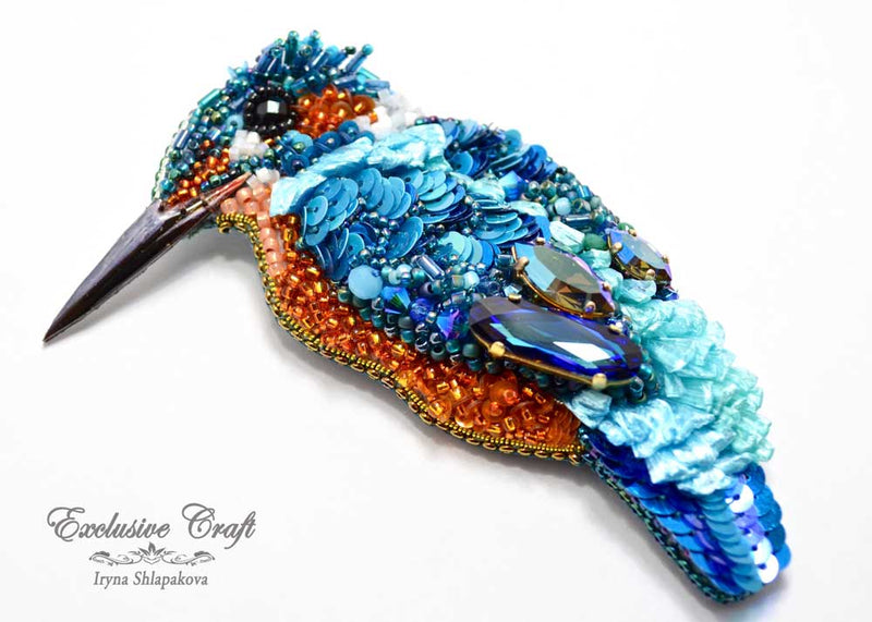 handmade beaded blue kingfisher brooch