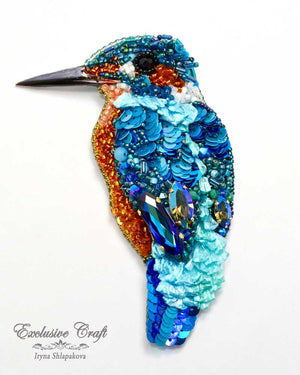 handcrafted beaded kingfisher brooch with Swarovski, wire purl, sequince