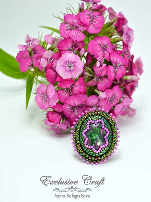 handcrafted bead embroidered green pink ring