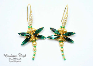 green emerald beaded Swarovski dragonfly earrings