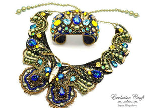 handmade beaded blue green gold swarovski necklace butterfly and cuff bracelet