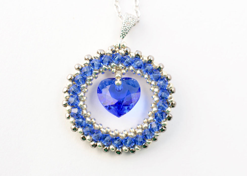bead woven heart pendant sapphire