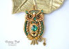 bead embroidered gold green owl necklace 