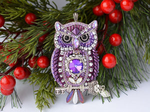bead embroidered purple silver owl necklace