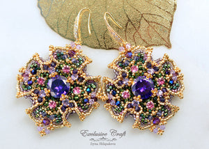 gold purple crystal beaded earrings