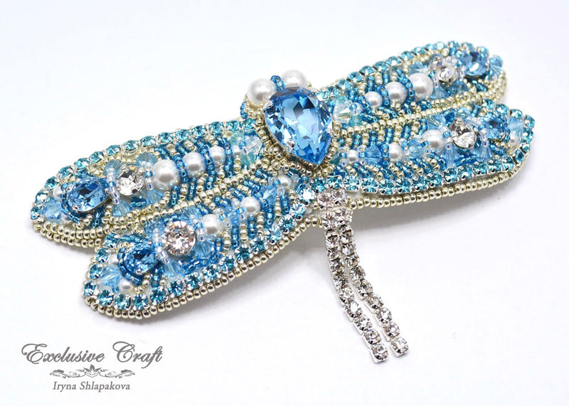Swarovski bridal bead embroidery white blue dragonfly large hair clip barrette