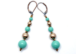 beaded green bronze dangle swarovski pearls earrings