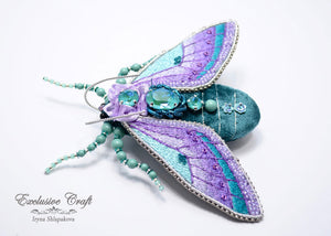 teal purple beaded embroidery cicada brooch