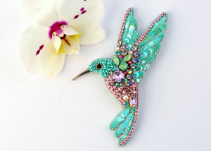 teal bead embroidered hummingbird brooch