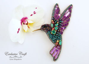 bead embroidered purple teal hummingbird brooch