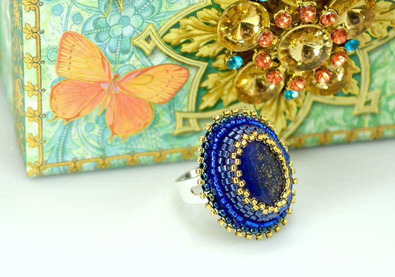 lapiz azuli beaded ring handmade