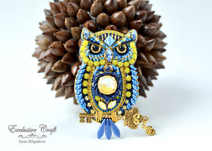 ukrainian colors bead embroidered owl brooch pin