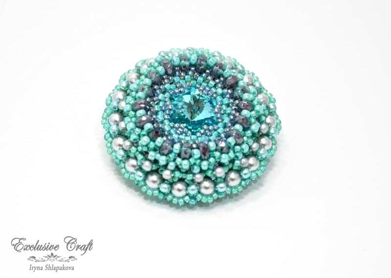 bead embroidered blue grey brooch