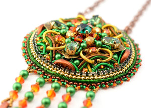 filligree green orange bead embroidered dreamcatcher necklace