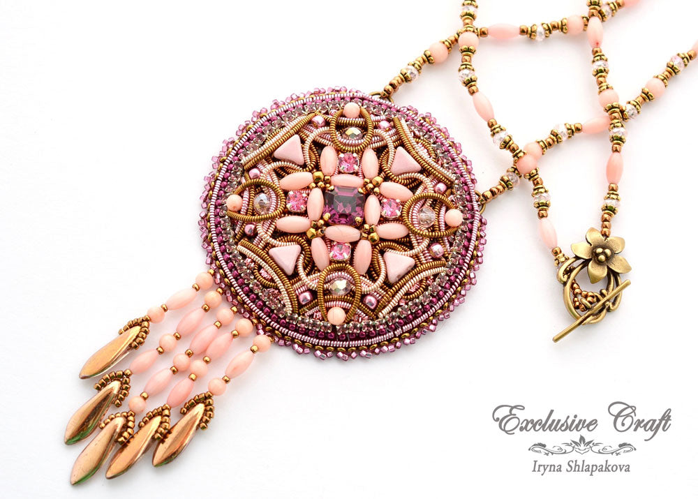 purple pink filigree bead embroidered necklace