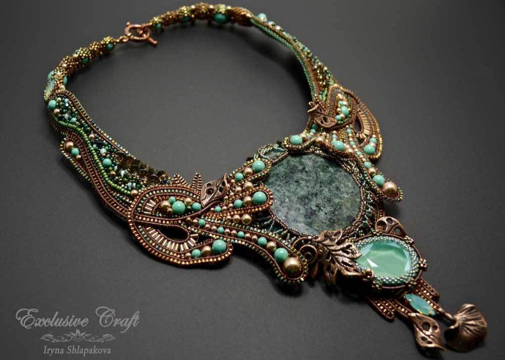 bead embroidered green bronze swarovski necklace