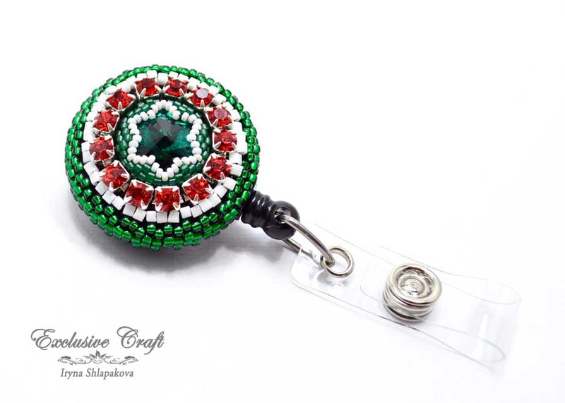 Swarovski green red Mexico bead embroidered ID badge for nurse teacher