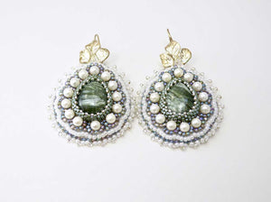 Green bead embroidered earrings
