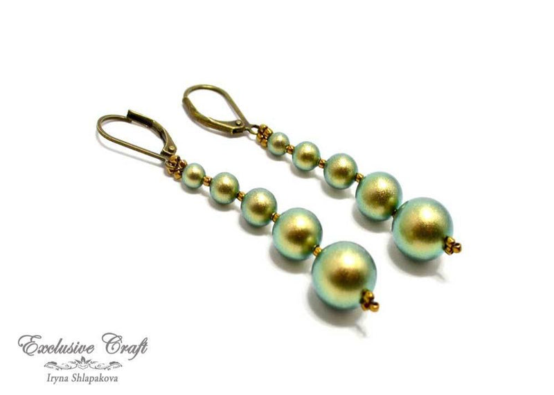 green gold beaded swarovski pearls earrings
