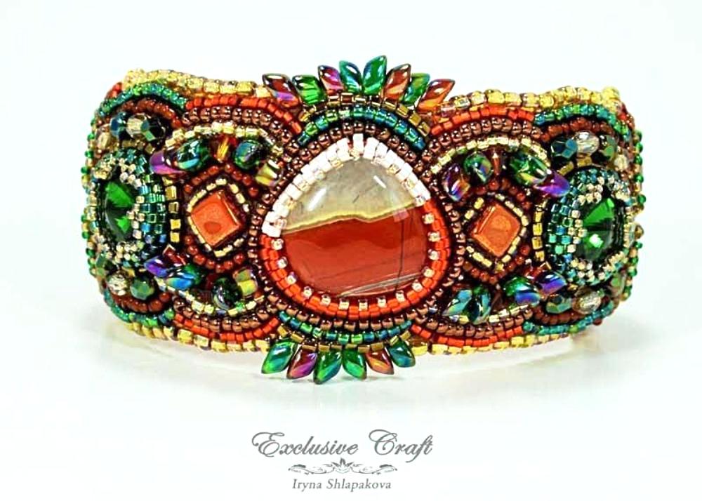 Handcrafted bead embroidered cuff bracelet Firebird – Exclusive Craft