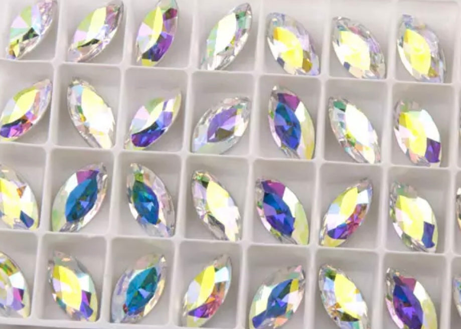 Navette - Cuentas de cristal con parte trasera plana de 0.236 x 0.472 in,  costura de diamantes de imitación de diamantes de imitación cosidos