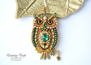 bead embroidered gold green owl necklace 