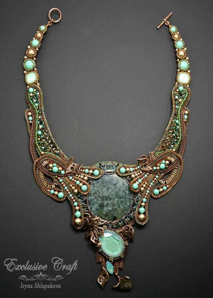 wearable art beaded necklace green jade bronze