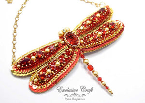 beaded red gold dragonfly Swarovski necklace