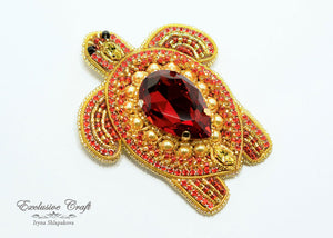 bead embroidered turtle brooch red
