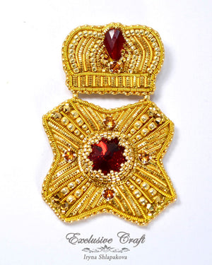 handmade red gold beaded Swarovski  royal crown brooch pin