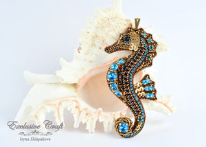 bead embroidery seahorse pendant blue bronze