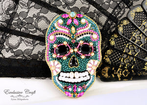pink  teal bead embroidered sugar skull brooch