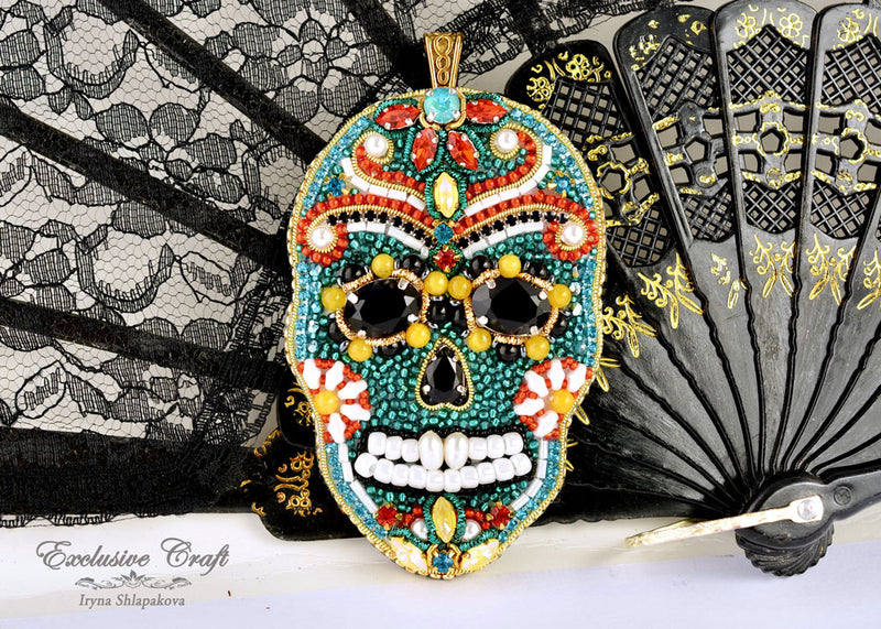 yellow teal bead embroidered sugar skull pendant