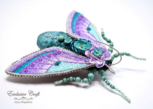 handmade teal purple beaded embroidery cicada brooch