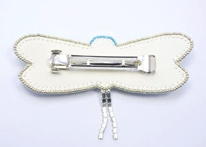 Swarovski bridal bead embroidery white blue dragonfly large hair clip barrette