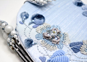 tambour embroidered handcrafted blue gray purse