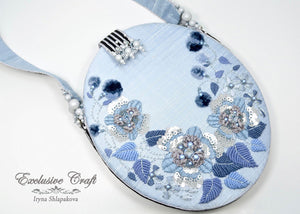 hand embroidered handcrafted blue gray purse bridal
