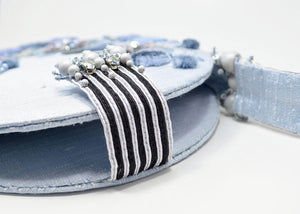 tambour embroidered handcrafted blue gray purse