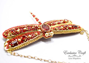beaded red gold dragonfly Swarovski necklace handmade